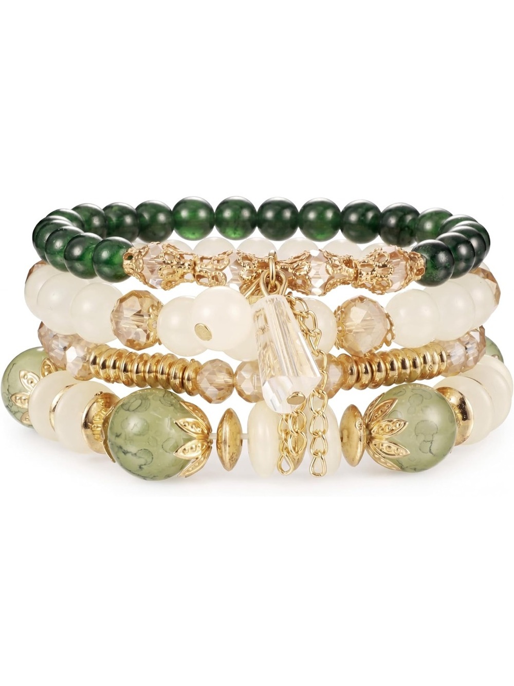 Anthropologie Green, Cream & Gold Layered Beaded Bracelet Set